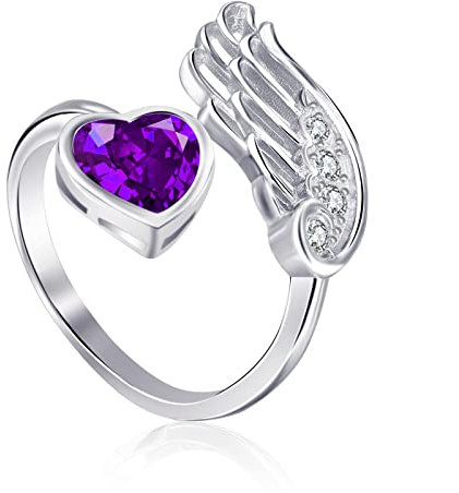 Qings Amethyst Februar Geburtsstein Ringe Sterling Silber Damen Verstellbarer Birthstone Flügel Feder Lila Herz Zirkonia Verlobungsring Eheringe Geburtsstein Schmuck für Frau Freundin Mädchen