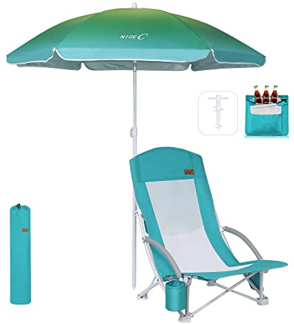 Nice C Low Beach Chair with Umbrella, Sand Chair, Lake Chair (1 Pack Blue)