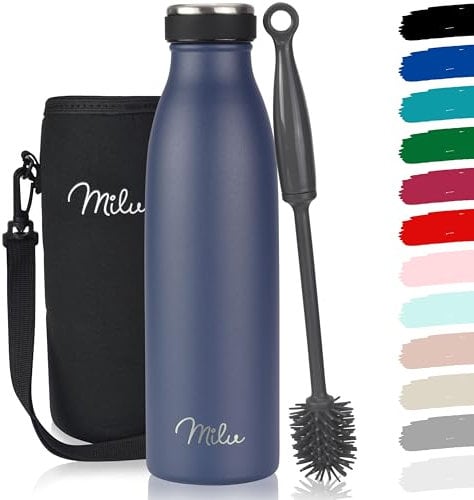 Milu Edelstahl Trinkflasche 350ml 500ml 750ml 1L 1,5L Thermosflasche Isolierte Wasserflasche, Auslaufsichere Isolierflasche doppelwandig, Kohlensäure geeignet – inkl. Reinigungsbürste (Navyblau 500ml)