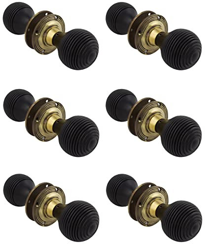 AB Hardware 6 Pairs of Ebonised Aged Brass Wooden Beehive Door Knobs Brass Handle Hard Wood Rim
