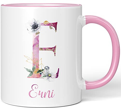 JUNIWORDS Tasse, Erni, Name Anfangsbuchstabe Initial Alphabet Floral Buchstabe E Monogramm Motiv, Rosa (5507192)