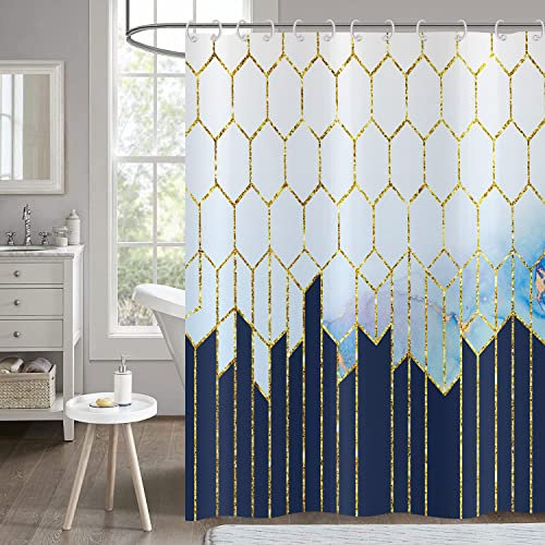 Hnmdmyi Rideau de Douche Bleu et Blanc 180x200, Bleu Marine Or Marbre Rideaux de Douche Abstrait Moderne Luxe Géométrique Art Rideau de Baignoire Imperméable Polyester Tissu Lavable Rideau de Bain