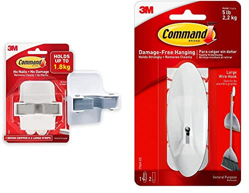 Command 17007-ES Broom Gripper, 1 Broom holder and 2 Adhesive Strips, Suitable for storing brooms and mops up to 1.8 kg & 17069 Wire Hook with Strips - Large, White