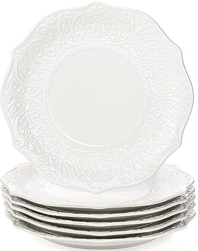 SOUJOY Set mit 6 Dessertteller, 20,3 cm Porzellan Salat Servierschale, geprägter Druck, kleine Speiseteller für Salat, Pfannkuchen, Steak, Mikrowelle, spülmaschinenfest