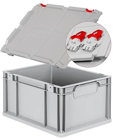Eurobox NextGen Economy 40x30x22cm Griffe geschlossen mit Scharnierdeckel grau, Kunststoffbox 20 Liter stapelbar Transportbox, Campingbox Farbe Deckel-Verschlüsse wählbar (Verschluss Rot)