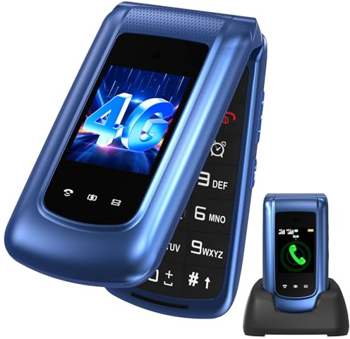4G Seniorenhandy Klapphandy ohne Vertrag mit Großen Tasten Sprachansage | Senioren Handy, Dual-SIM, Dual-Display 2,4 +1,77 Zoll, SOS-Taste,Hohe Lautstärke,FM Radio,Ladestation, T380D Blau