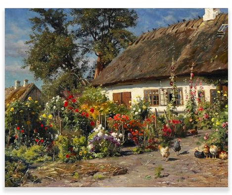Peder Mork Monsted Gemälde - Ein Bauerngarten mit Hühnern, Poster, rustikale Landschaft, Wanddekoration für Schlafzimmer/Korridor/Dekoration, ungerahmtes Bild (30 x 38 cm)
