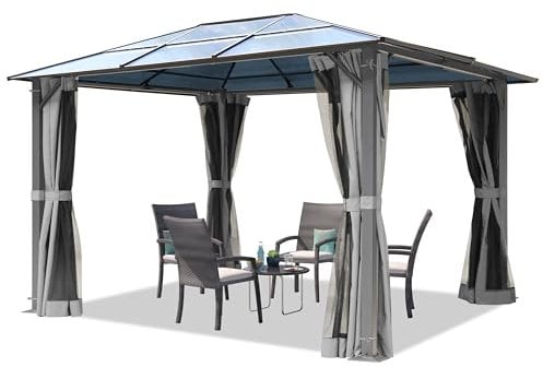 TOOLPORT Gartenpavillon 3x3,65 m Polycarbonat Dach ca. 6 mm - Hardtop Pavillon mit 4 Seitenteilen und Moskitonetzen in grau