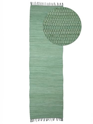 carpetfine Flickenteppich Kelim Chindi Uni Läufer Grün 80x300 cm, handgewebt | Fleckerlteppich aus Baumwolle für Wohnzimmermit Fransen