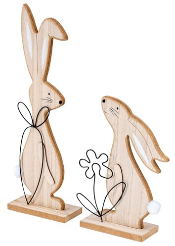 levandeo Osterhasen H19-30cm MDF Holz Natur Metall Ostern Tischdeko 2er Set Hase Osterdeko Frühling Aufsteller Figur