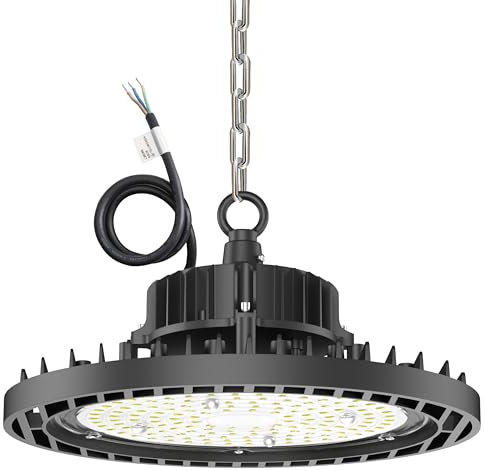 LANGY 200W LED UFO Hochregallampe 6500K Tageslichtweiß 30000LM Werkstattbeleuchtung Gewerbeshop Industrie IP65 Wasserdichte Lampe für Werkstattfabrik mit 1,5 m Kabel, 50 cm Kette & Sicherheitsseil