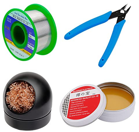 Gruiqrd Solder Flux Paste, Solder Wire Lead Free, Soldering Iron Tip Cleaner, Micro Shear Wire Cutter Pliers, 4 PCS Solder Tool Set, Soldering Iron Assist Accessories DIY Kit