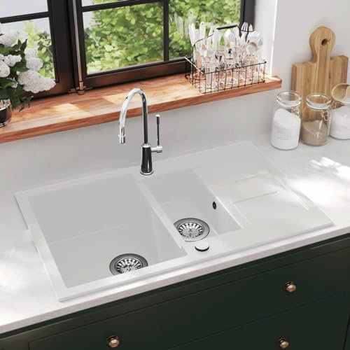 Rantry Fregadero de cocina de granito, doble lavabo, color blanco