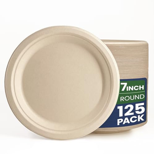 GreFusion 7 Inch Brown Paper Plates [125 Pack] Pack Unbleached Disposable Plates Sugarcane