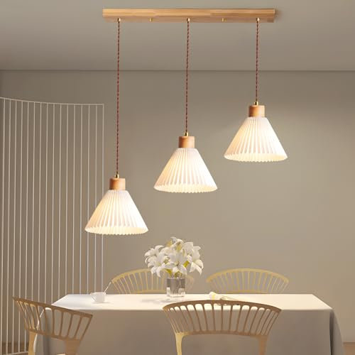 niuniaj Pendelleuchte Esstisch,Deckenleuchte Hängend Holz,3 Flammig E27 Lampenschirm Stoff,150CM Max Höhenverstellbar Design Pendelleuchte für Esszimmer Schlafzimmer Küche（Ohne Leuchtmittel