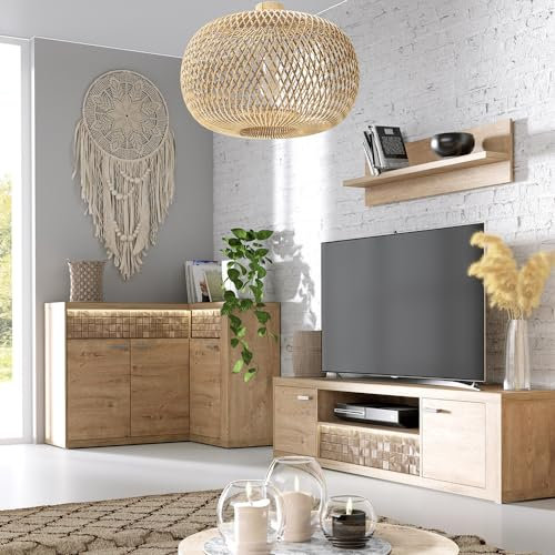 Lomadox Wohnwand 3-teilig in Eiche, ohne Beleuchtung inkl. Eckkommode, TV-Lowboard, Wandboard