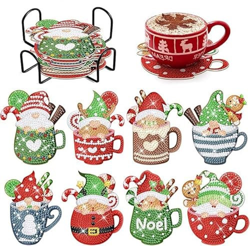 AMBATTERY 8 pièces Diamond Painting Dessous de Verre Diamond Painting sous Verre Diamant Painting avec Support Broderie Diamant sous Verre pour Café Tasses à Thé et Boissons