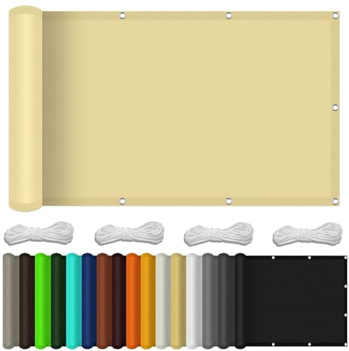 Balkon Sichtschutz 90 x 140 cm Ohne Bohren, inkl Seil Balkon-Verkleidung Schattiernetz mit Ösen Kabelbinder Und Kordel für Garten Balkon Zaun Terrassen, Creme Farben