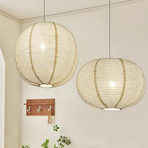 METHEDEECO Pantallas de Lámpara Colgante de Tela 2 Piezas – Formas Ovalada y Redonda Plana 40 cm – Estilo Boho Natural en Lino para Dormitorio, Salón, Cocina o Tienda