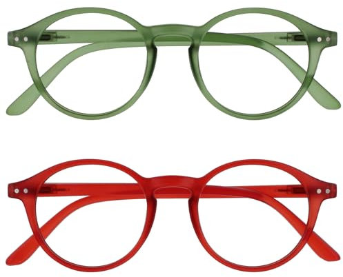 OPULIZE REY Lesebrille - 2er-Pack - Runder Retro-Rahmen - Mattgrün, Rot - Herren Damen - Federscharniere - RR56-6Z - +2.50