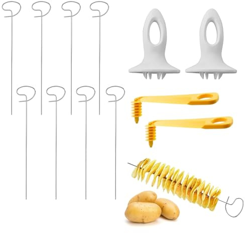NCCHDZSW Spiralschneider Kartoffel 12 Stücke Kartoffelspiralenschneider mit 2 Kunststoff Griff 2 Spiralschneider 8 Stäbchen Edelstahl Kartoffel Spiralschneider für Party Grillabende und Camping