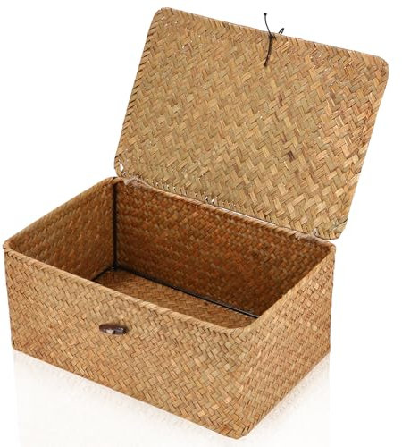 Cexovo Panier de Rangement en Osier Tressé,Panier Rotin Osier Couvercle Naturel BoîTe de Rangement en Tressé Avec Couvercle Organiseur de Maquillage pour Salle de Bains,Salon,Cuisine,Marron,Taille L