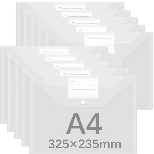 GESDYO 10 Stück A4 Kunststoffmappen, Dokumentenmappen, Umschläge, transparente Hüllen aus Kunststoff, mit Etikettenfach und Druckknopf, geeignet für die Aufbewahrung von Dokumenten in der Schule