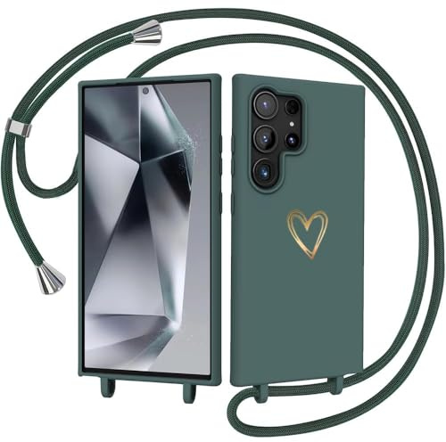 CaseLover Handyband für Samsung Galaxy S25 Ultra 5G Hülle mit Band, Grün | Herz Muster, Silikon Necklace Handyhülle mit Abnehmbar Kordel zum Umhängen, Stossfest Bumper Handy Schutzhülle Case