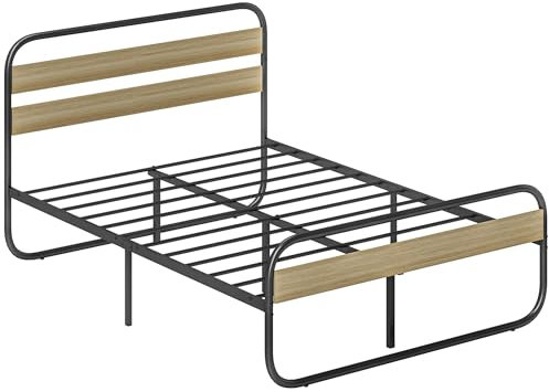 HOMCOM Cadre de lit Double 140 x 190 cm lit 2 Personnes Style Industriel avec Rangement, sommier, tête et Pied - Montage Facile, en Bois et Acier, Aspect Bois