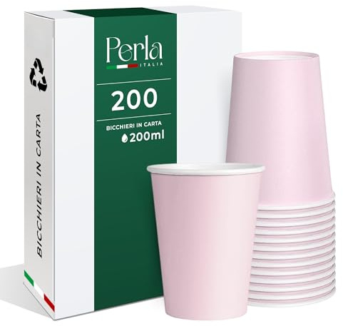 Perla - 200 Bicchieri di Carta da 200 ml - Bicchiere Monouso Biodegradabile Ecologico - Adatto per Bevande Fredde e Calde - Bicchieri per Acqua usa e getta (Rosa)