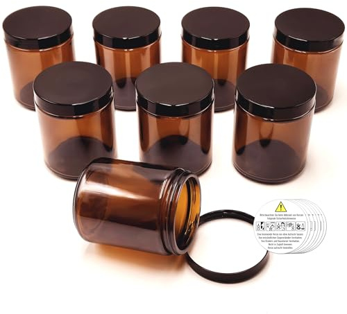 25 Stück leere Braungläser 250ml (7x9) mit Deckel, Perfekt für DIY Kerzen, Cremes etc., Wiederverwendbare Glasbehälter aus hochwertigem Braunglas (25 Stücke)