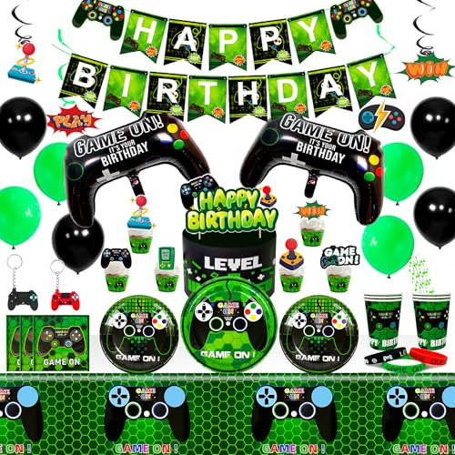 Décoration de Fête de Jeu Vidéo,132pcs Jeux Vidéo Fête Fournitures Inclure Assiettes de Jeu Vidéo Serviettes Nappe Ballon Bannière etc Decoration Anniversaire de Jeu vidéo