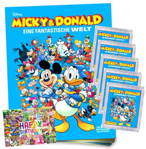 Bundle mit Panini Mickey & Donald Sticker - Fantastische Welt Sammelsticker (2025) - Auswahl + Exklusive Geburtstagskarte (1 Album + 5 Tüten)