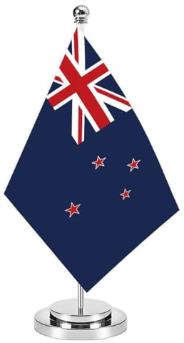 Neuseeland Miniature Desk Flag Set,8x5 Inch Neuseeländisch kleine Flagge mit 12 Zoll hellen Silber Flagge Pole, Deluxe Dekorationen für Haus Büro Tagungstisch