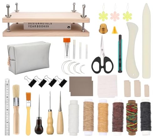 Buchbinder Set,Buchpresse aus Holz,handgefertigtes Buchbinder-Starterwerkzeug-Set, 35pcs 37.5*29cm tragbares,mit Holzbindepresse, Falzbein, Buchdeckel,Ahle,Buchbindeband,für DIY Buchbinder Handwerk