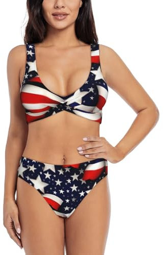 Maillot de bain 2 pièces pour femme avec imprimé drapeau américain et rayures, Noir , XXL