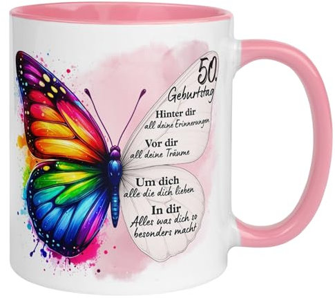 50 Geburtstag Frauen Geschenk Tasse | Hinter dir Erinnerungen – Bunter Schmetterling | Lustige Geschenk Geburtstagstasse Spruch 50. Geburtstag | 50ter Geburtstag - Witziges Geburtstagsgeschenk Frau