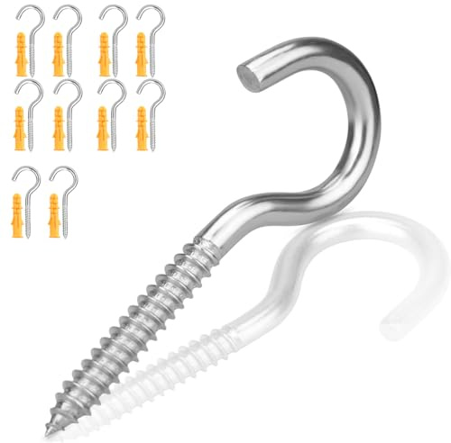 Garegce 304 Screw-in Hooks in Stainless Steel, 63mm (2.48 inch) Eyelet Screw Hooks, Washing Line Hooks, Metal Screw in Ceiling Self Tapping Stainless Steel for Hanging Plants, Cups, Utensils, 10 PCS