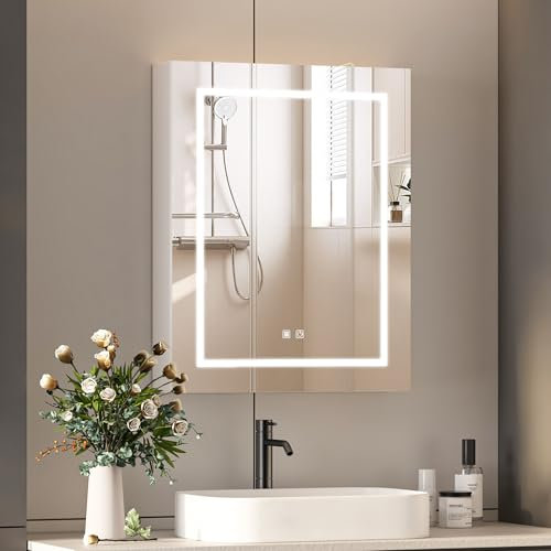 Mepplzian 60*75 Led Bathroom Mirror Cabinet with Shaver Socket,Bathroom Cabinets with Lights 3 Color,Wall Mounted Cabinets with Mirrors,Illuminated Mirror with Storage,Mirrored Cabinet with Defogger