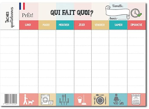 Calendrier Hebdomadaire Familial A3 à Remplir | Planning Mural, Organisation Famille, 8 Cases de Tâches Quotidiennes, Tableau Semainier à Personnaliser