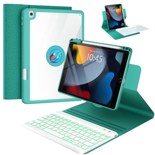 OYEEICE Tablet-Tastaturhülle ist kompatibel mit dem iPad der 9/8/7 Gen 10,2 | 360° Drehbar und Abnehmbar, verfügt über einen Stiftschacht, eine magnetische 7-farbige Hintergrundbeleuchtung