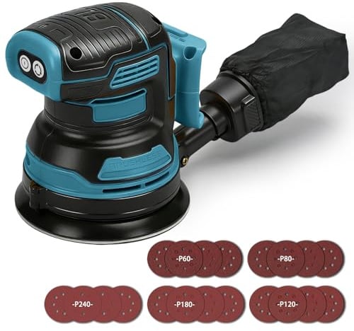 Akku-Exzenterschleifer kompatibel mit Makita 18V Akku, 125 mm Exzenterschleifer mit 3 Leistungsstufe, 21PCS Schleifpapier, Bürstenlosen Motor, zum Schleifen Wachsen Polieren (ohne Akku)