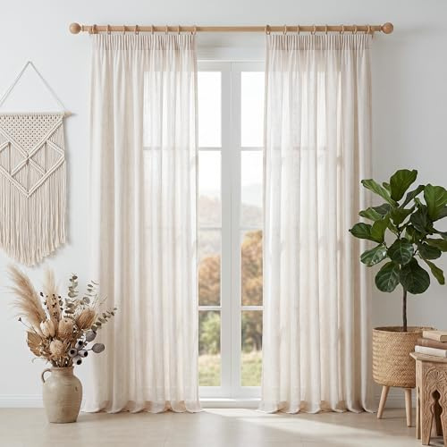Vorhänge Gardinen mit Kräuselband Beige Leinen Natur-für Wohnzimmer Modern Vorhang 245cm Gardine Schlafzimmer Vorhangschals Halbtransparent Lichtdurchlaessig Plain Natural Boho Landhaus Dekoschal 2PC