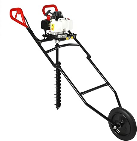 Madelynn 2-Takt Gasbetriebener Erdbohrer mit Handwagen, 63CC Erdbohrer Benzin 2,2kw Erdlochbohrer mit Bohrer, Kraftstoffmischflasche und Trichter, für Erde, Schmutz, EIS, Feinem Sand