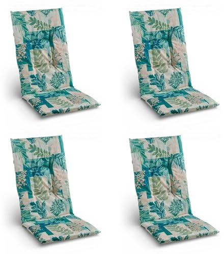 Home4You 4er Set Hochlehner-Stuhlauflagen mit Blättermotiv – Sitzauflage 118 x 48 x 5 cm – Farben Beige Blau Grün – Polyester Baumwolle Gewebe – Verstellbares Gurtband & Bindekordeln