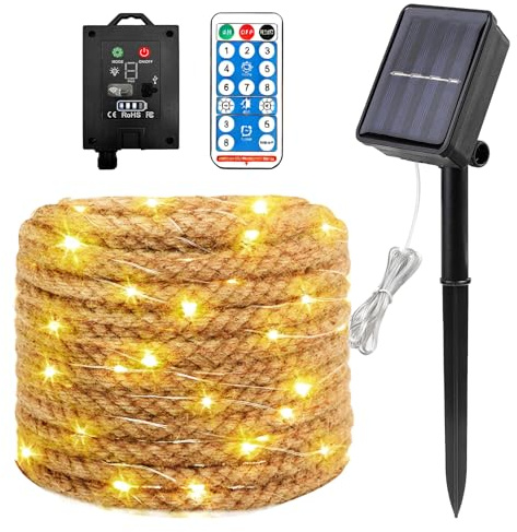Solar Lichterkette Seil - 7M Solar Hanfseil Lichterkette mit 100 LEDs, Solarseil Lichterkette mit 8 Beleuchtungsmodi Wasserdicht, Solar Rope Lights für Garten Terrasse Deko - USB-Aufladung + Fernbe