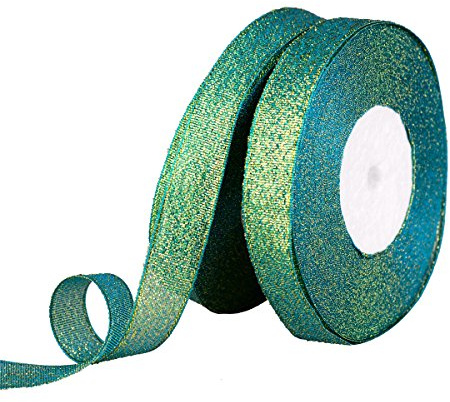 Feyarl Sparkly Green Ribbon 15mm Wide by 50-Yards(2 Rolls X 25yd) Premium Metallic Glitter Ribbon for Christmas Crafters Holiday Home Deco Gift Wrap Card Making Floral Projects
