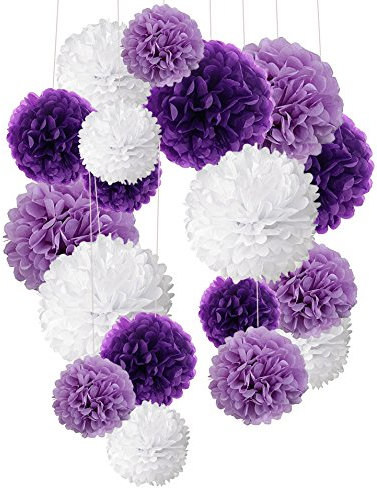 Recosis 18 Stück Seidenpapier Pompoms Blumen Ball Dekorpapier Kit für Geburtstag Hochzeit Baby Dusche Hauptdekorationen und Partei Dekoration-Violett, Lavendel und Weiß