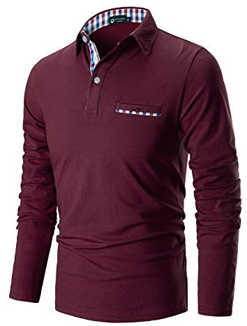 STTLZMC Mens Long Sleeve Polo Shirts Plaid Collar Basic Casual T-Shirt #11 Wine Red L