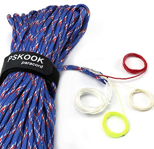 PSKOOK 550 Paracord Lanyard Fallschirmschnur mit Flachs Zunder Cord PE Angelschnur Baumwollfaden - Mil-Spec Typ III Paracord -100FT (Blau Camouflage)